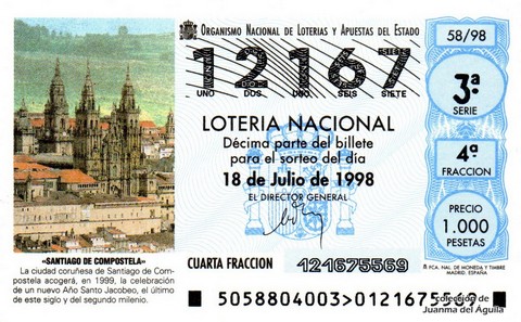 Décimo de Lotería Nacional de 1998 Sorteo 58 - «SANTIAGO DE COMPOSTELA»