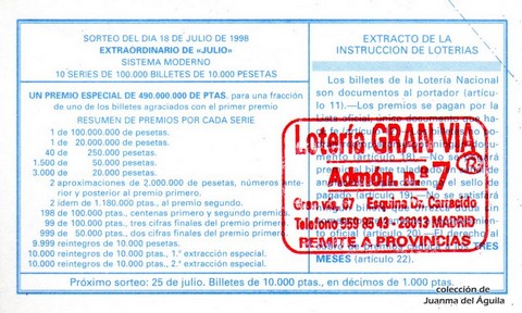 Reverso décimo de Lotería 1998 / 58