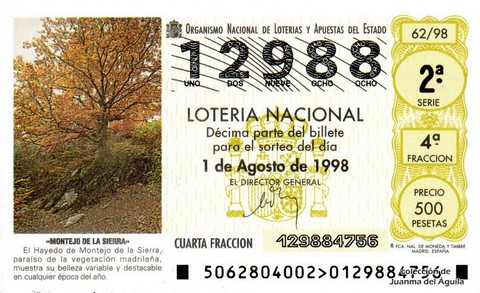 Décimo de Lotería Nacional de 1998 Sorteo 62 - «MONTEJO DE LA SIERRA»