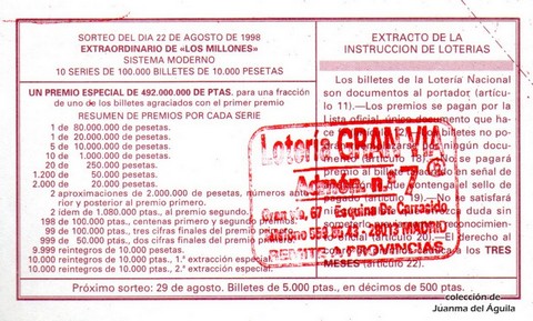 Reverso décimo de Lotería 1998 / 68