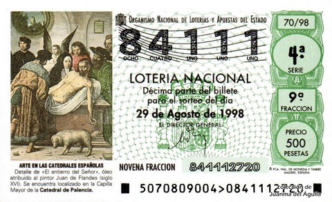Décimo de Lotería Nacional de 1998 Sorteo 70 - ARTE EN LAS CATEDRALES ESPAÑOLAS - DETALLE DE «EL ENTIERRO DEL SEÑOR»