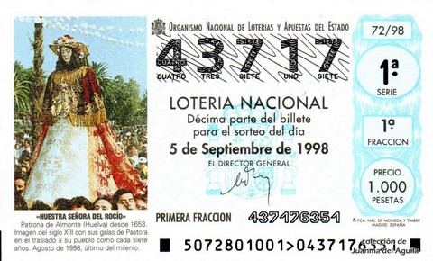 Décimo de Lotería Nacional de 1998 Sorteo 72 - «NUESTRA SEÑORA DEL ROCÍO»