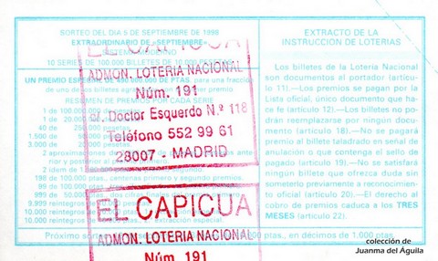 Reverso décimo de Lotería 1998 / 72