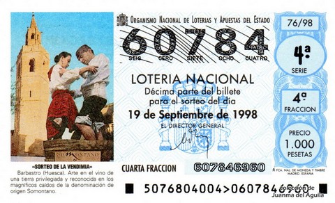 Décimo de Lotería Nacional de 1998 Sorteo 76 - «SORTEO DE LA VENDIMIA»