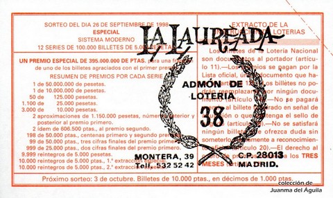 Reverso décimo de Lotería 1998 / 78