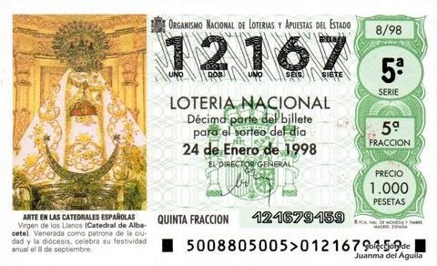 Décimo de Lotería Nacional de 1998 Sorteo 8 - ARTE EN LAS CATEDRALES ESPAÑOLAS - VIRGEN DE LOS LLANOS (CATEDRAL DE ALBACETE)
