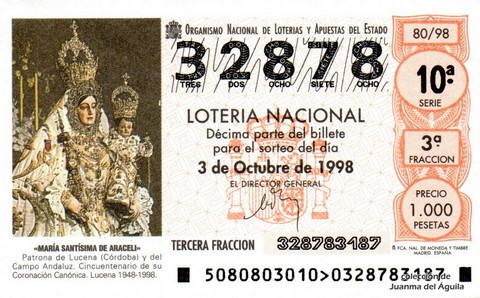 Décimo de Lotería Nacional de 1998 Sorteo 80 - «MARÍA SANTÍSIMA DE ARACELI»