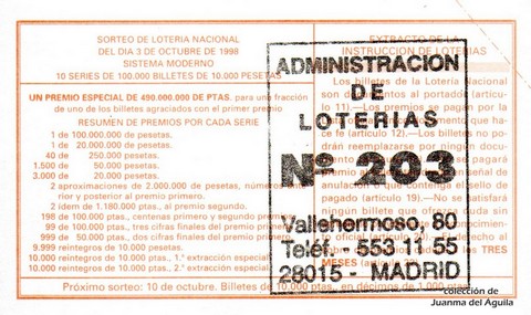 Reverso décimo de Lotería 1998 / 80