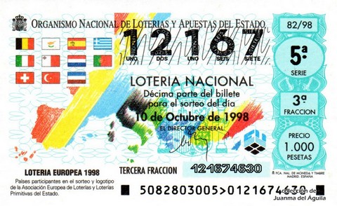 Décimo de Lotería Nacional de 1998 Sorteo 82 - LOTERIA EUROPEA 1998