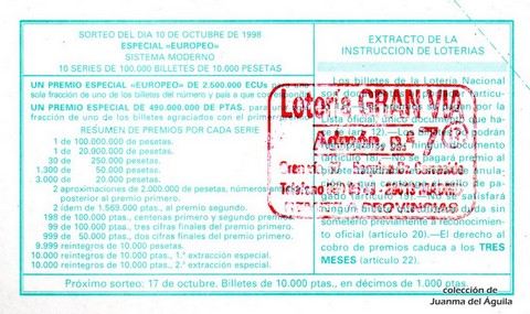 Reverso décimo de Lotería 1998 / 82