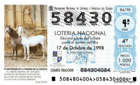 Décimo de Lotería Nacional de 1998 Sorteo 84 - 5º CENTENARIO DE LA YEGUADA DE LA CARTUJA