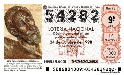 Décimo de Lotería Nacional de 1998 Sorteo 86 - ARTE EN LAS CATEDRALES ESPAÑOLAS - IMAGEN DEL CRISTO NEGRO
