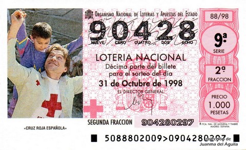 Décimo de Lotería Nacional de 1998 Sorteo 88 - «CRUZ ROJA ESPAÑOLA»