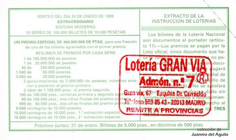 Reverso décimo de Lotería 1998 / 8