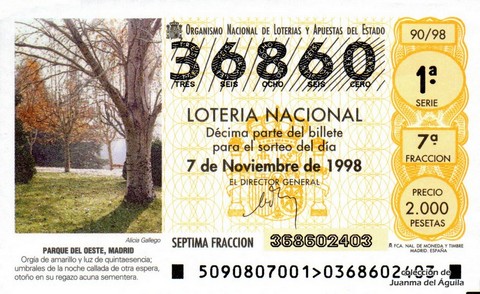 Décimo de Lotería Nacional de 1998 Sorteo 90 - PARQUE DEL OESTE, MADRID