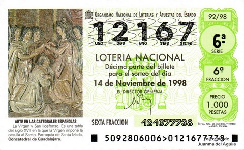 Décimo de Lotería Nacional de 1998 Sorteo 92 - ARTE EN LAS CATEDRALES ESPAÑOLAS - LA VIRGEN Y SAN ILDEFONSO (SIGLO XVII)