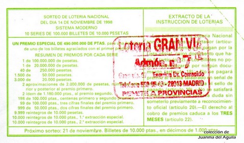 Reverso décimo de Lotería 1998 / 92