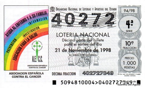 Décimo de Lotería Nacional de 1998 Sorteo 94 - ASOCIACION ESPAÑOLA CONTRA EL CANCER