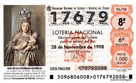 Décimo de Lotería Nacional de 1998 Sorteo 96 - ARTE EN LAS CATEDRALES ESPAÑOLAS - LA VIRGEN CON EL NIÑO (S. XVI)