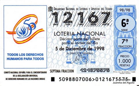 Décimo de Lotería Nacional de 1998 Sorteo 98 - TODOS LOS DERECHOS HUMANOS PARA TODOS