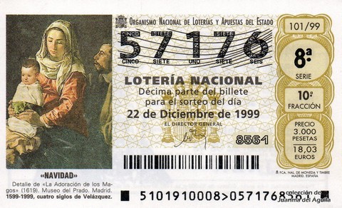 Décimo de Lotería Nacional de 1999 Sorteo 101 - «NAVIDAD»