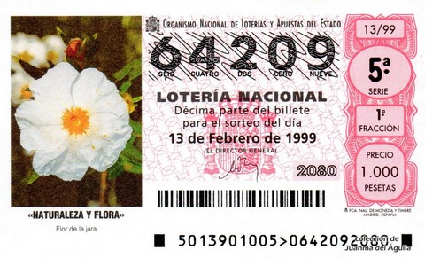Décimo de Lotería Nacional de 1999 Sorteo 13 - «NATURALEZA Y FLORA» - FLOR DE LA JARA