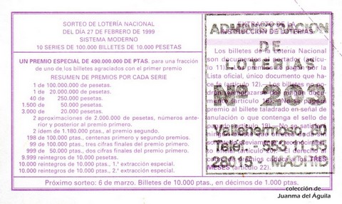 Reverso décimo de Lotería 1999 / 17