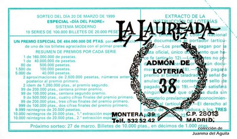 Reverso décimo de Lotería 1999 / 23