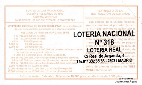 Reverso décimo de Lotería 1999 / 25