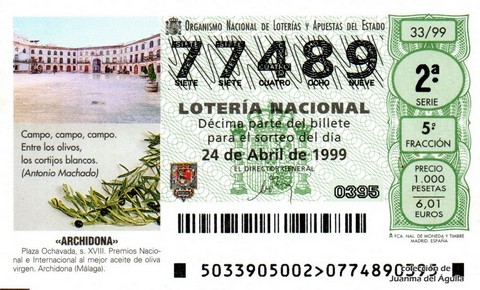 Décimo de Lotería Nacional de 1999 Sorteo 33 - «ARCHIDONA»