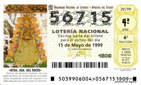 Décimo de Lotería Nacional de 1999 Sorteo 39 - «NTRA. SRA. DEL ROCÍO»