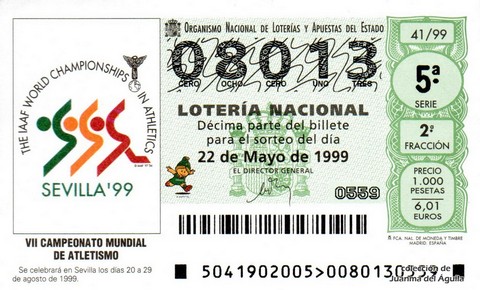 Décimo de Lotería Nacional de 1999 Sorteo 41 - VII CAMPEONATO MUNDIAL DE ATLETISMO