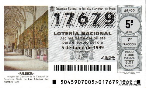 Décimo de Lotería Nacional de 1999 Sorteo 45 - «PALENCIA»
