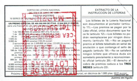 Reverso décimo de Lotería 1999 / 45