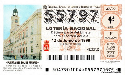 Décimo de Lotería Nacional de 1999 Sorteo 47 - «PUERTA DEL SOL DE MADRID»