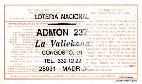 Reverso décimo de Lotería 1999 / 47