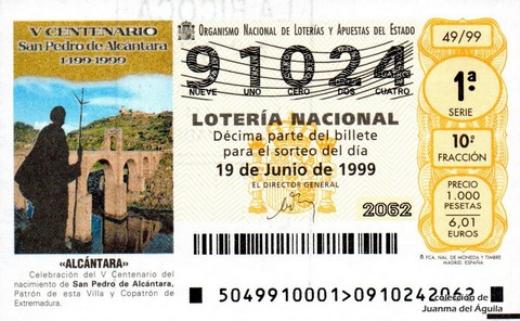 Décimo de Lotería Nacional de 1999 Sorteo 49 - «ALCÁNTARA»