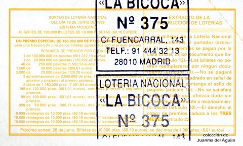 Reverso décimo de Lotería 1999 / 49
