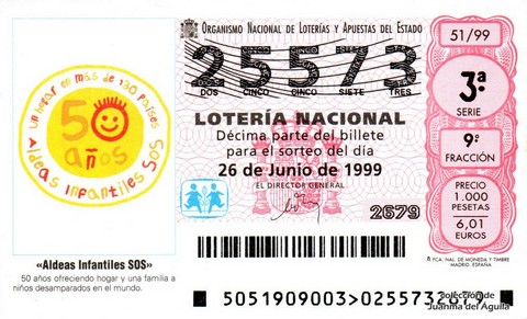 Décimo de Lotería Nacional de 1999 Sorteo 51 - «Aldeas Infantiles SOS»