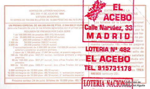 Reverso décimo de Lotería 1999 / 57