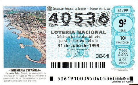 Décimo de Lotería Nacional de 1999 Sorteo 61 - «INGENIERÍA ESPAÑOLA» - PLAYA DEL PALO