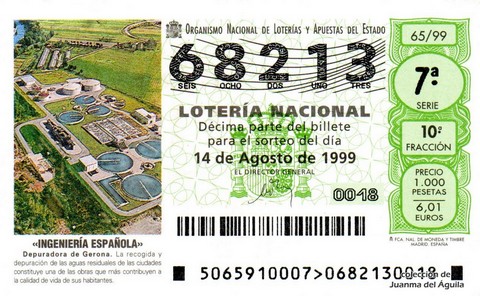 Décimo de Lotería Nacional de 1999 Sorteo 65 - «INGENIERÍA ESPAÑOLA» - DEPURADORA DE GERONA