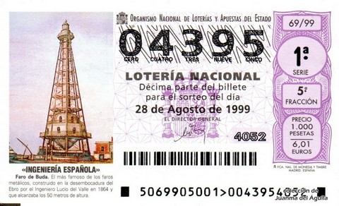 Décimo de Lotería Nacional de 1999 Sorteo 69 - «INGENIERÍA ESPAÑOLA» - FARO DE BUDA