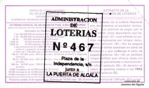 Reverso décimo de Lotería 1999 / 69
