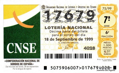 Décimo de Lotería Nacional de 1999 Sorteo 75 - «CONFEDERACIÓN NACIONAL DE SORDOS DE ESPAÑA»