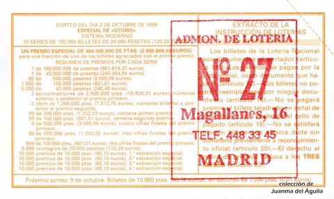 Reverso décimo de Lotería 1999 / 79
