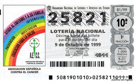 Décimo de Lotería Nacional de 1999 Sorteo 81 - ASOCIACION ESPAÑOLA CONTRA EL CANCER