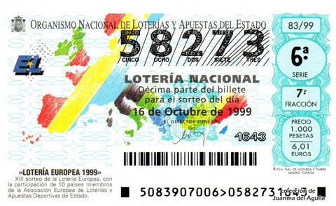Décimo de Lotería Nacional de 1999 Sorteo 83 - «LOTERÍA EUROPEA 1999»