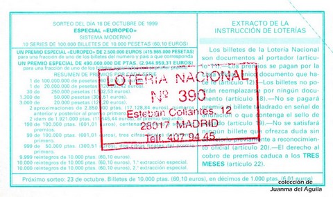 Reverso décimo de Lotería 1999 / 83