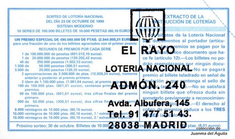 Reverso décimo de Lotería 1999 / 85